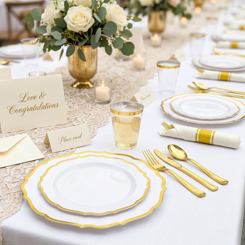 Glowserve 50 Guests 350 PCS Disposable Plastic Plates Gold Dinnerware