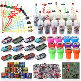 Vynium 114 Pcs Race Car Party Favors Bulk, Checkered Flag Racing Party Goodie Bags Fillers with Cup Straw Mini Race Cars Slap Bracelets DIY Stickers Car Stamps for Racecar Birthday Supplies