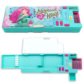 Decorably Pop Up Multifunctional Mermaid Pencil Case for Girls with Calculator, Sharpener, Pen Slots and Mini Drawer - Pop Up Multifunction Pencil Box for Girls with 2 Main Compartments