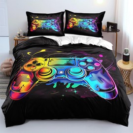 YUTNSAN Gamepad Bed Linen 135 x 200 cm Game Theme Colourful Game Controller Modern Black Microfibre Duvet Cover for Boys Children Men and Pillowcase 80 x 80 cm