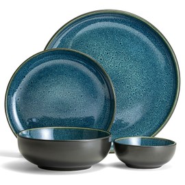 Sango Resona 16-Piece Blue Stoneware Dinnerware Set – Service for 4, Plate and Bowl Set, Delicate Blue Interior, Microwave & Dishwasher Safe, for Everyday Dining & Entertainment