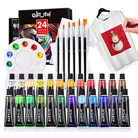 COLORFUL Fabric Paint Set for Clothes with 24 Colors (12 ml, 0.4 oZ), 6 Brushes, 1 Palette & 2 Canvases - Permanent Textile Paint Kit for Shoes, Canvas - Non-Toxic Slick Painting Set for Adults, Kids, Beginner & Artists
