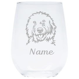 Goldendoodle dog themed with name 17 oz. stemless wine glass