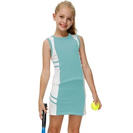 Girls Tennis Outfit Sports Tank Top Skirt Athletic Golf Sportswear Built in Shorts Light Green 9-10Years