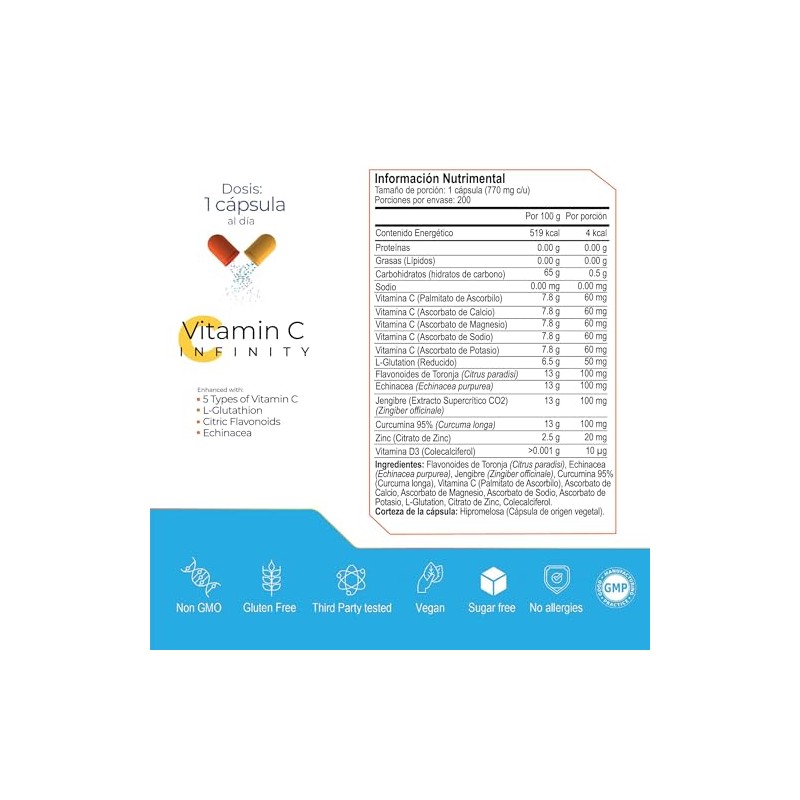 ETERNAL NUTRITION Infinity: Vitamina C con L-Glutatión y Zinc (200
