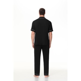 YOPUGEE Men Pajamas Set Two Pieces Short Sleeve Sleepwear Button Down Loungewear Set Soft Modal Pj Set with Pockets, Black-L