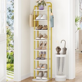 Hzuaneri 8 Tiers Vertical Shoe Rack, Narrow Shoe Tower, Tall Shoes Shelf with 2 Hooks, Adjustable Shelves, Corner Shoes Shelves for Small Spaces, Entryway, Living Room, White Gold SR04313A