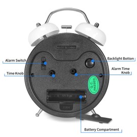 Miowachi 4 inches Twin Bell Alarm Clock,with Backlight Loud Ring Bell Clock for Heavy Sleeper Adults White