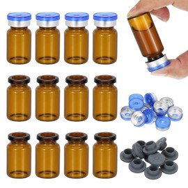 PATIKIL 12pcs 7ml Amber Borosilicate Glass Sample Vials with Aluminum Plastic Cap and Rubber Stopper for Lab Solid Liquid Powder Storage, Blue Silver Tone