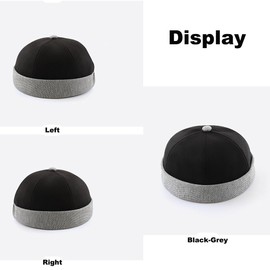 Mens Docker Beanie Cap Tweed Velcro Brimless Hat Rolled Cuff Retro Worker Harbour Hat, Black Grey