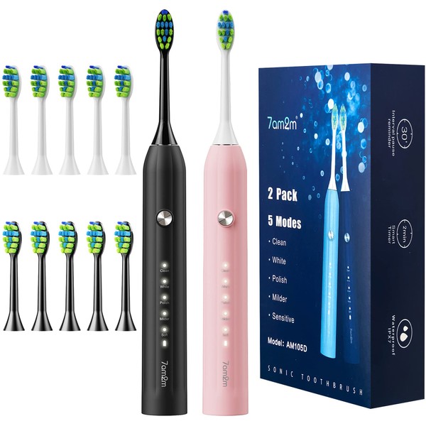 7AM2M Rechargeable Sonic Electric Toothbrush 2 Pack, Soft Toothbrushes for