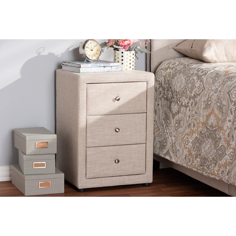 Baxton Studio Tessa 3 Drawer Fabric Upholstered Nightstand in Beige