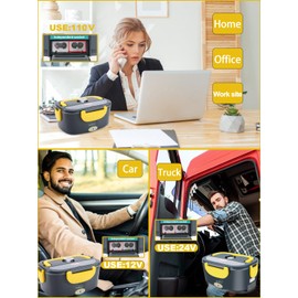 Buddew Electric Lunch Box 80W Food Heater for Adults, 12/24/110V Portable Lunch Warmer Upgraded Heated Lunch Box for Car/Truck/Office with SS Fork&Spoon and Insulated Carry Bag(Yellow)