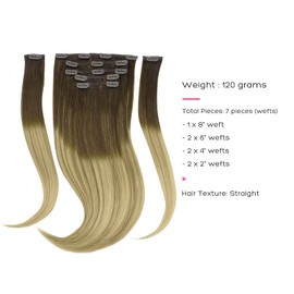 Marat Hair Extensions Clip in Human Hair, Walnut Brown to Ash Brown and Bleach Blonde Clip in Hair Extensions 24 inch 120g Straight Clip in Hair Extensions Human Hair