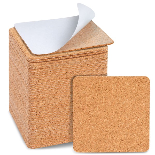 50 Pack Square Self Adhesive Cork Board Backings for DIY Crafts, Projects, Customizable Cork Tiles, Cork Squares for Coasters, Decor (1.5 mm Thick, 3.7 in Length)