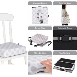 Polar Gear Baby Booster Cushion – Lightweight Transportable Seat for Children 3 Years+ – Easy to Clean Wipe Down Cover, Adjustable Straps – 8cm Thick Foam Cushion for Dining Chairs – Unisex Polka Dot