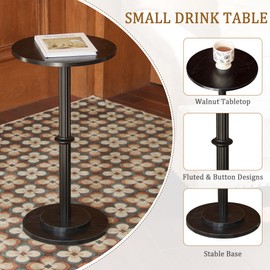 MaxSmeo Drink Table, Small Side Table for Small Spaces, Modern Round End Table with Fluted Wood Leg, Black