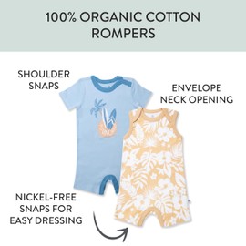 HonestBaby Short Sleeve and Tank Romper 100% Organic Cotton for Infant Baby and Toddler Boys, 2-Pack Tropic Shadow Earth