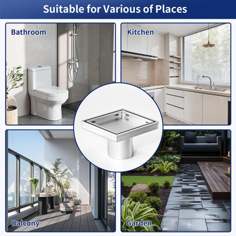 Bernkot Square Shower Drain 4", Brushed Floor Drain with Tiled