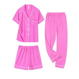 DIKFA Kid Boys Girls Button-up Pajama Set Sleepwear Nightwear Loungewear Gifts for Little Child Pjs Rose Red 120CM