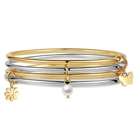 DS Gold Bangles for Women 18K Gold Plated Stainless Steel Tarnish-Resistant Stackable Wire Bracelets-Trendy Two Tone Mixed Metal Charm Jewelry with Butterfly,Pearl & Daisies Stack Gift for Christmas (2 gold-2 sliver, 7.5 inch)