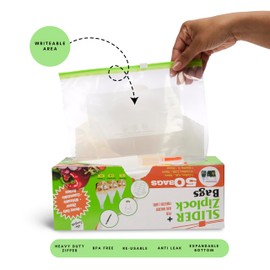 2Cee Essentials 2Cee Essentials Slider Ziplock Bag (50-Pcs), Reusable Freezer Bags Set C Large, Medium, Small Plastic Bags (4.5L, 2.25L & 1L), 50 sticker Labels, bag holder, & Pen C BPA-Free, Food Storage Bag