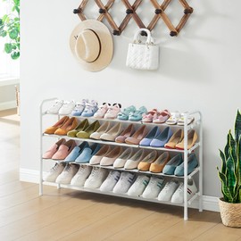 Gewudraw Shoe Rack for Closet,4 Tier Shoe Organizer, 28“ Metal Shelf Can Expandable to 42“, for Bedroom, Entryway, Living Room, Garage, Adjustable to 24 Pairs Shoes, White