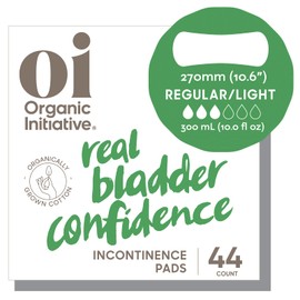 Oi | Organic Initiative Incontinence Pads for Women, Certified Organic Cotton Topsheet, Odor Control, Breathable and Hypoallergenic, Absorbs up to 10floz, Regular (10.6 inches) 44 Pads