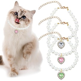 3 Pcs Pearl Cat Collar Adjustable Dog Pearl Necklace Collar Heart Rhinestones Pet Necklace for Pet Wedding Party Birthday Jewelry Accessories Make Your Cats and Dogs More Charming (White Pink Green)