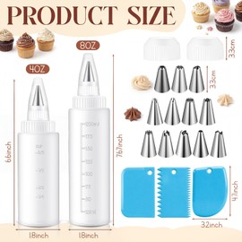 4 Pcs Piping Bottles for Icing Cookie Decorating Supplies Plastic 4 oz & 8 oz Squeeze Bottles & 12 Different Tips & 2 Couplers & 3 Scrapers for Cookie Icing Kit Pancake Squeezing
