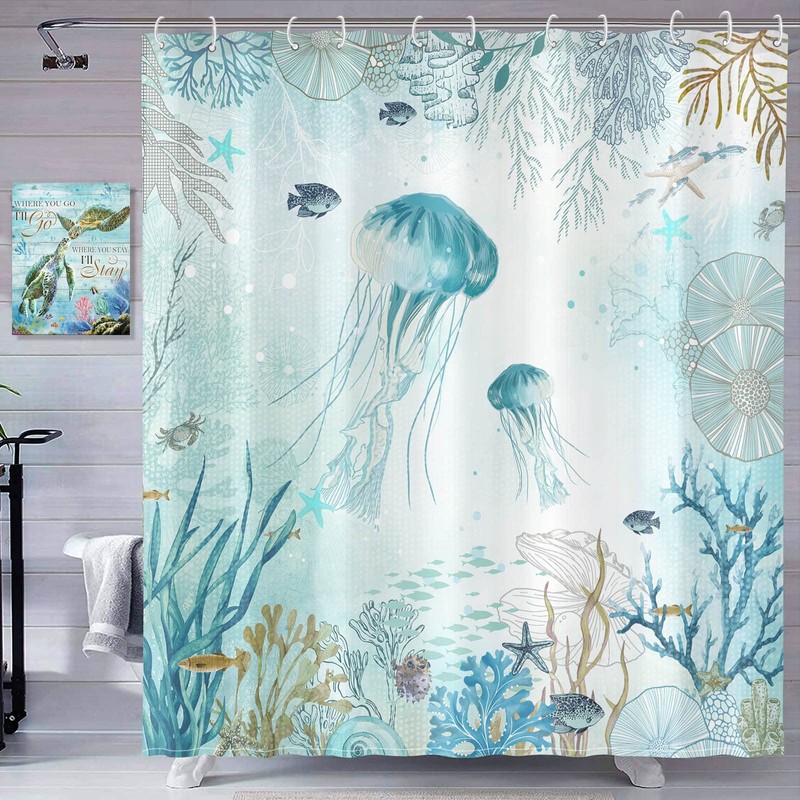 Neasow Nautical Shower Curtain, Teal Jellyfish Beach Shell Sea Life