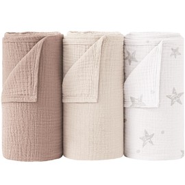 Bearmoss Muslin Swaddle Blankets 3 Pack Cotton Newborn Receiving Blanket, Large 38 x 40 inches, Soft Breathable Baby Swaddles for Boys & Girls (Cream Star)
