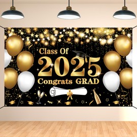 DARUNAXY Black Gold Graduation Party Decorations, Class of 2025 Graduation Banner for Men Women 2025 Congrats Grad Party Supplies, 6x3.6ft Congratulations Graduates Backdrop Masters Graduations Party