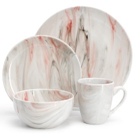 Elama Fine Marble 16 Piece Porcelain Dinnerware Set, Tableware Set, Everyday Dining, Service for 4 (Red/Gray)