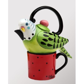 Cosmos Gifts 61541 Fine Ceramic Hand Painted Green Parakeet Bird Tea for One Set (Teapot with Tea Cup), 7-1/4" H