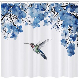 Qucarder Blue Flowers and Birds Shower Curtain Floral Plants Bath Curtain Waterproof Shower Curtains for Bathroom Decor with 12 Hooks 72x72 Inch