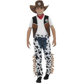 Smiffys Texan Cowboy Costume, Brown with Hat, Neck Tie, Waistcoat, Badge & Chaps, Boys Fancy Dress, Child Dress Up Costumes