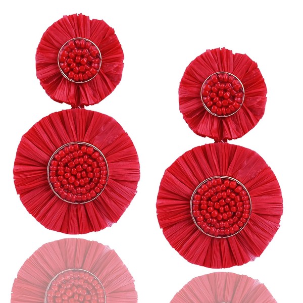 Statement Raffia Floral Earrings Boho Beaded Earrings Summer Beach Handwoven