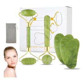 AOKUN Kit 5pzs Rodillo De Masaje De Jade Gua Sha Facial Cuello