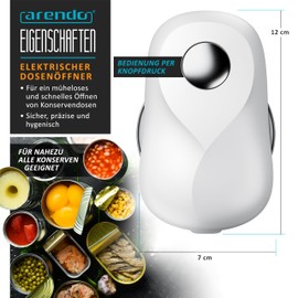 Arendo - One Touch electric can opener - with automatic 360° rotation - opening without sharp edges - for all can sizes - automatic stop - can opener for seniors and children - white