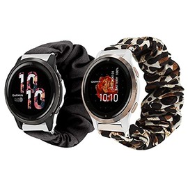Compatible for Garmin Venu 2S Band, Giaogor Fabric Elastic Scrunchie Elastic Women Cute Replacement Straps Compatible for Garmin Venu 2S (2 pack-Black+Leopard)