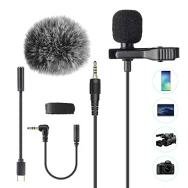 AGPTEK Lavalier Microphone, 2m Mini Omnidirectional Capacitor with 2 Transformation and Type C Adapter and Windscreen for Interview, Video Conferencing, Podcast, Dictation etc.