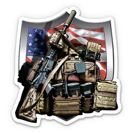 Military Gear Pack and Weapons - 3" Vinyl Sticker - for Car Laptop I-Pad Phone Helmet Hard Hat - Waterproof Decal