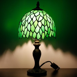 TCODTPOL Small Tiffany Lamp Stained Glass Table Lamp Mini Desk Accent Light for Bedroom Bedside Reading Home Antique Style Decor 8X15 Inches (Green Wisteria)