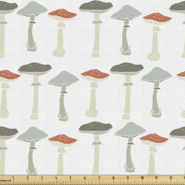 Ambesonne - Tela de hongos por el patio, patrón de colores pálidos boletus porcini Amanita setas retro orgánico, tela decorativa para tapicería y acentos del hogar, 2 yardas, blanco y gris