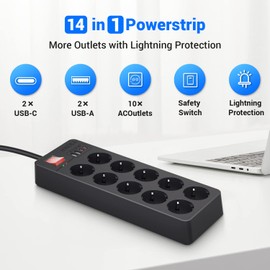 Steckdosenleiste 10-Fach mit USB C,Mehrfachsteckdose Überspannungsschutz,Steckerleiste mit Schalter Wandmontage Mehrfachstecker für Steckdose Kindersicherung USB Steckdosenadapter 1,5m Kabel Schwarz