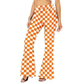 Magrank Orange Plaid Denim Pants for Women Stretch Checkered Printed Jean Casual Slim Ft Bell Bottom Pant XL