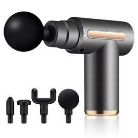 Pistola de Masaje Muscular Portátil con 4 Cabezas - 24W Maquina Masajeadora de 6 Velocidades Ajustables, Masaje Profesional Para Musculos, Intercambiable 4 Cabezas, Carga USB, 1800mAh, 45dB, Gris