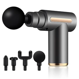Pistola de Masaje Muscular Portátil con 4 Cabezas - 24W Maquina Masajeadora de 6 Velocidades Ajustables, Masaje Profesional Para Musculos, Intercambiable 4 Cabezas, Carga USB, 1800mAh, 45dB, Gris