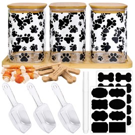 FYSUIMU 37Oz Glass Dog Treat Jars Set of 3 Cute Black Paw Print Clear Dog Cat Food Storage Container with Airtight Lids Tray Scoops Labels Pen for Pet Owners Great Gifts